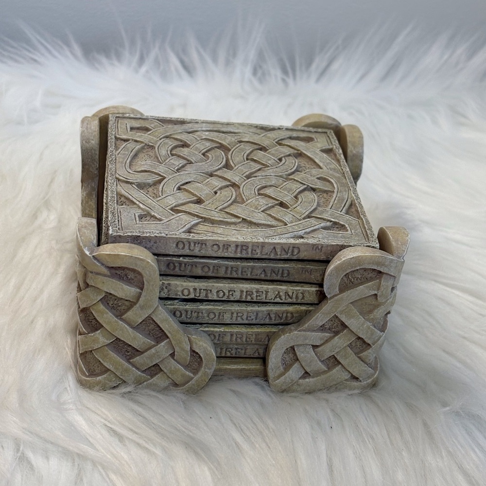 (188)Celtic Knot Stone Coaster Set - Taupe/Beige